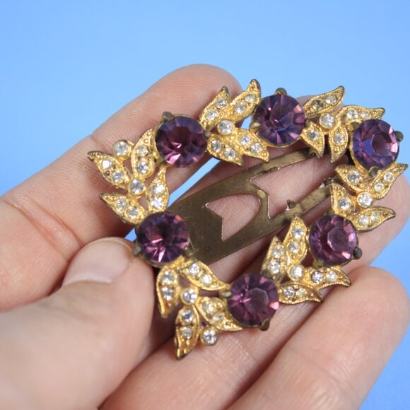 Antique dress clip gold tone laurel branches purple stones - Picture 4 of 9